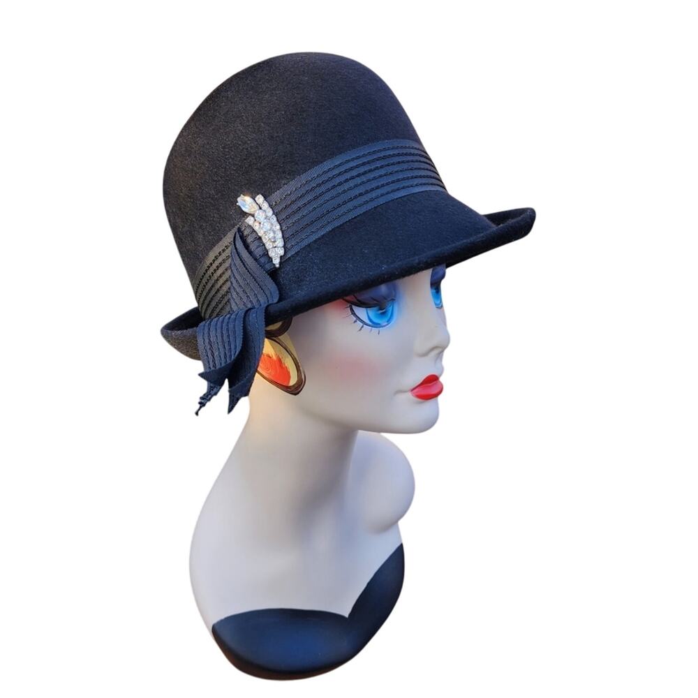 Ritz Henry Pollack Womens Cloche Hat M New York Black Wool Ribbon Rhinestone VTG
